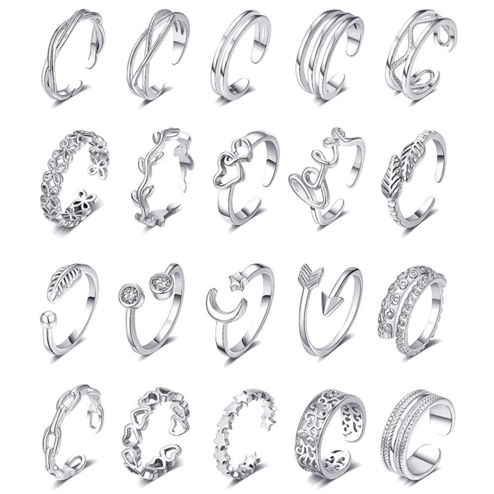 18K White Gold Adjustable Boho Open Toe Rings - Set of 20